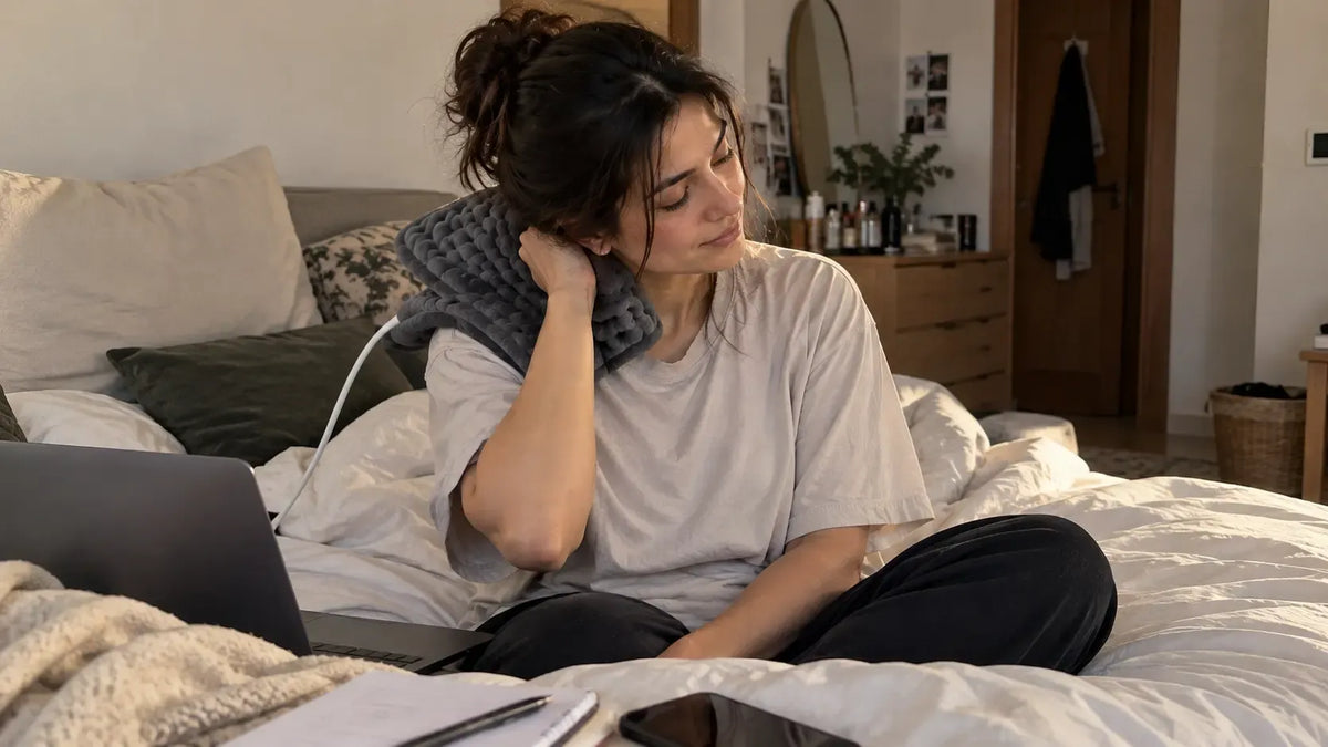 Woman using a charcoal-grey electric heating pad for neck pain relief at home in a natural, candid bedroom setting.