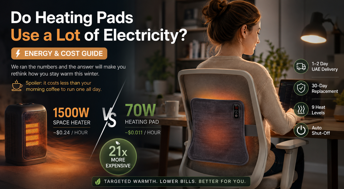 Woman working from home with a heated pad attached to her office chair, comparing the energy use of a 70W heating pad versus a 1500W space heater in a cost-saving home office infographic.
