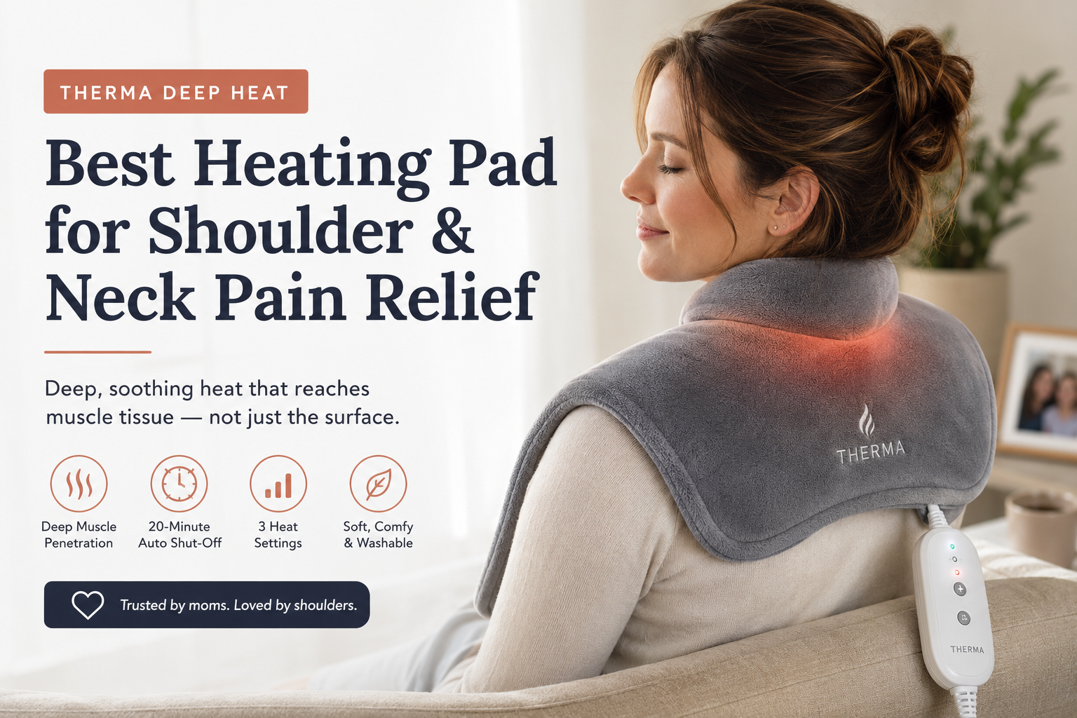 Therma Deep Heat heating pad for shoulder and neck pain relief used by a woman at home.