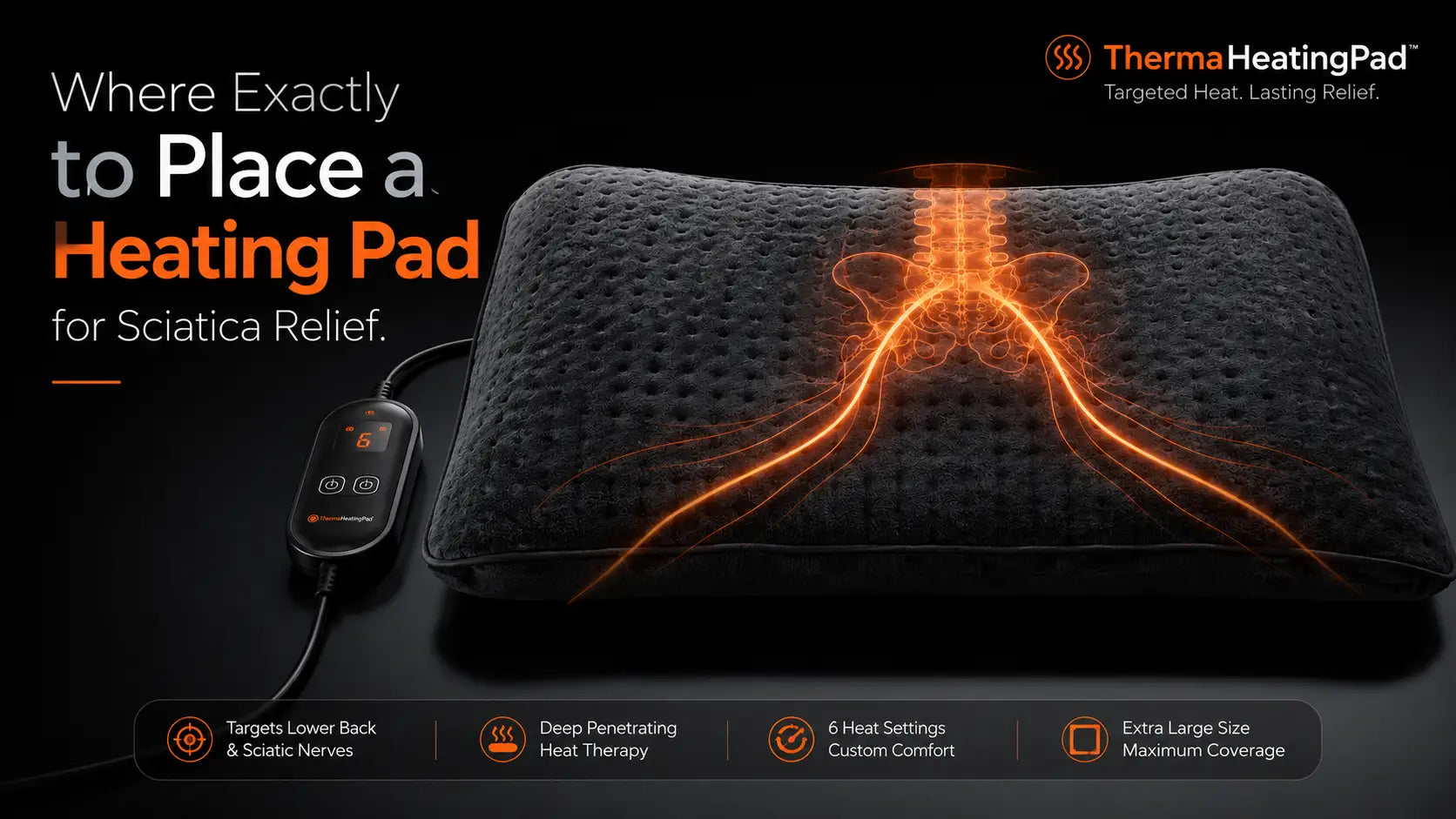 Dark grey extra-large electric heating pad on a black surface with glowing orange anatomical lines showing optimal placement for the lumbar spine and sciatic nerve.