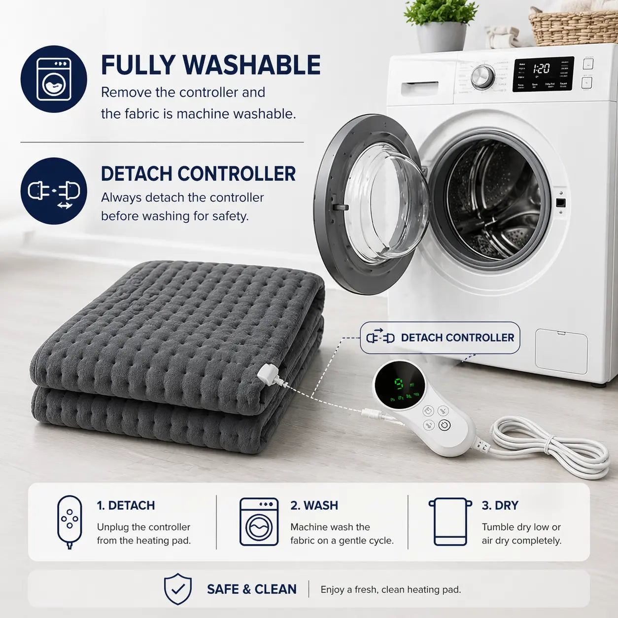 Washable electrical heating pad with detachable controller for easy hygiene and maintenance.