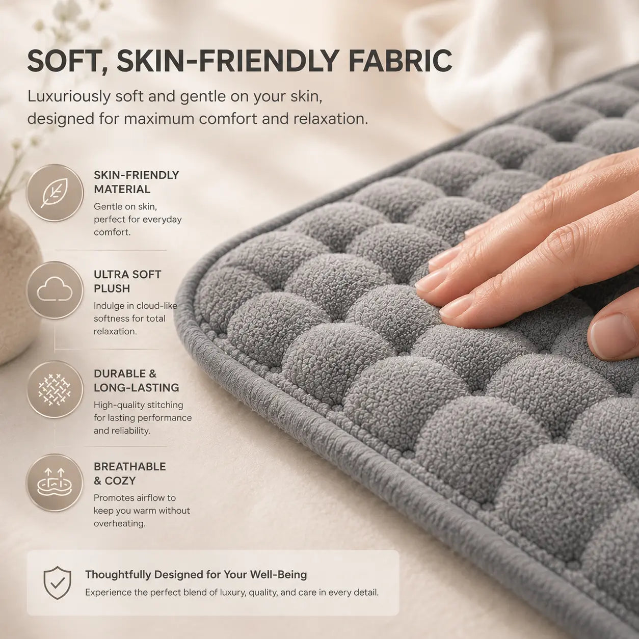 Luxuriously soft and breathable micro plush electrical heating pad fabric designed for maximum comfort and relaxation.