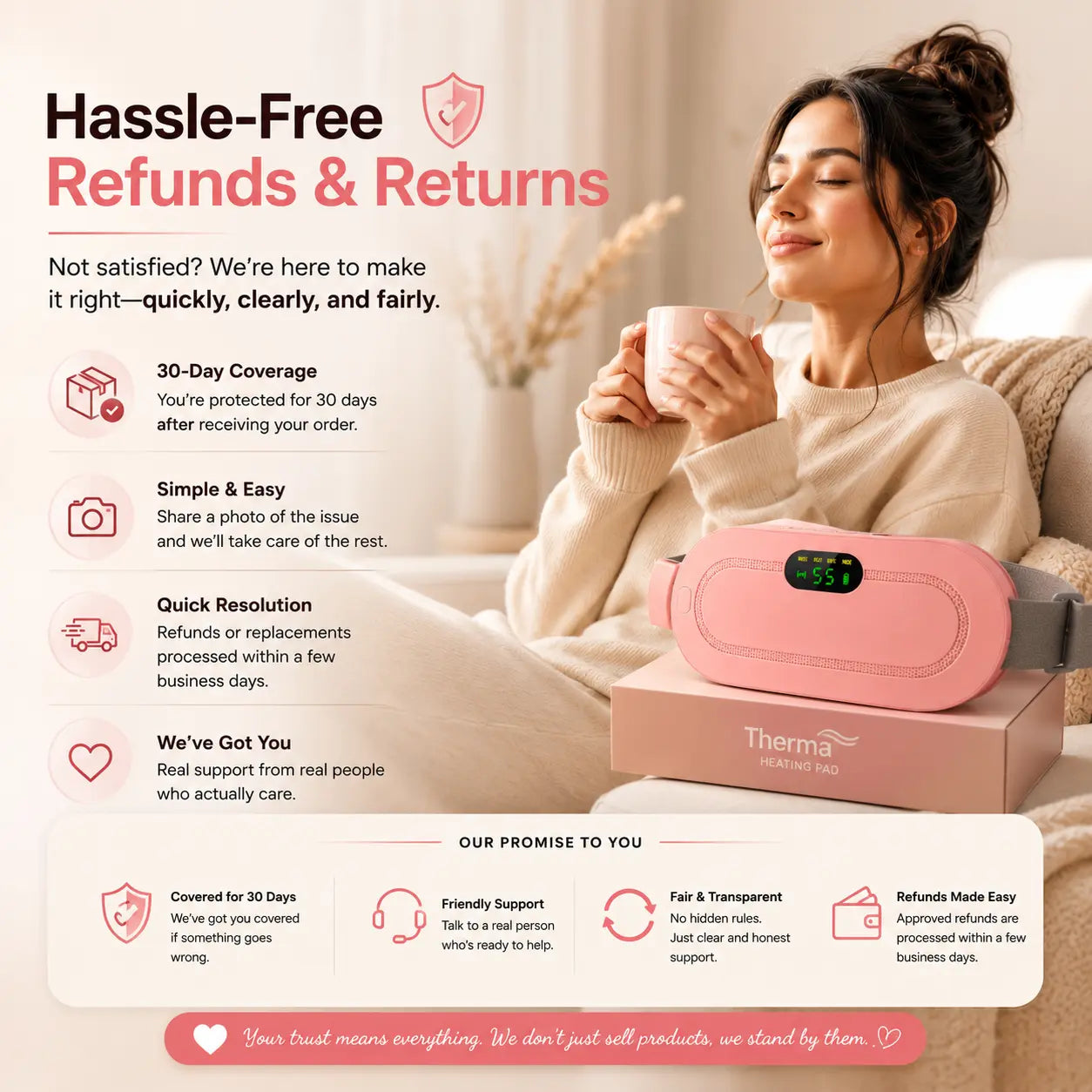 Menstrual heating pad with hassle-free returns, cordless heat therapy for cramps relief, portable abdominal heating belt for women