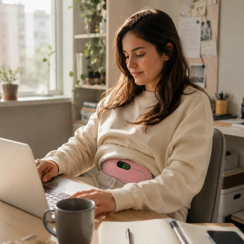 Woman working at a laptop while wearing a portable pink menstrual heating pad belt for period cramp relief and soothing lower back massage.