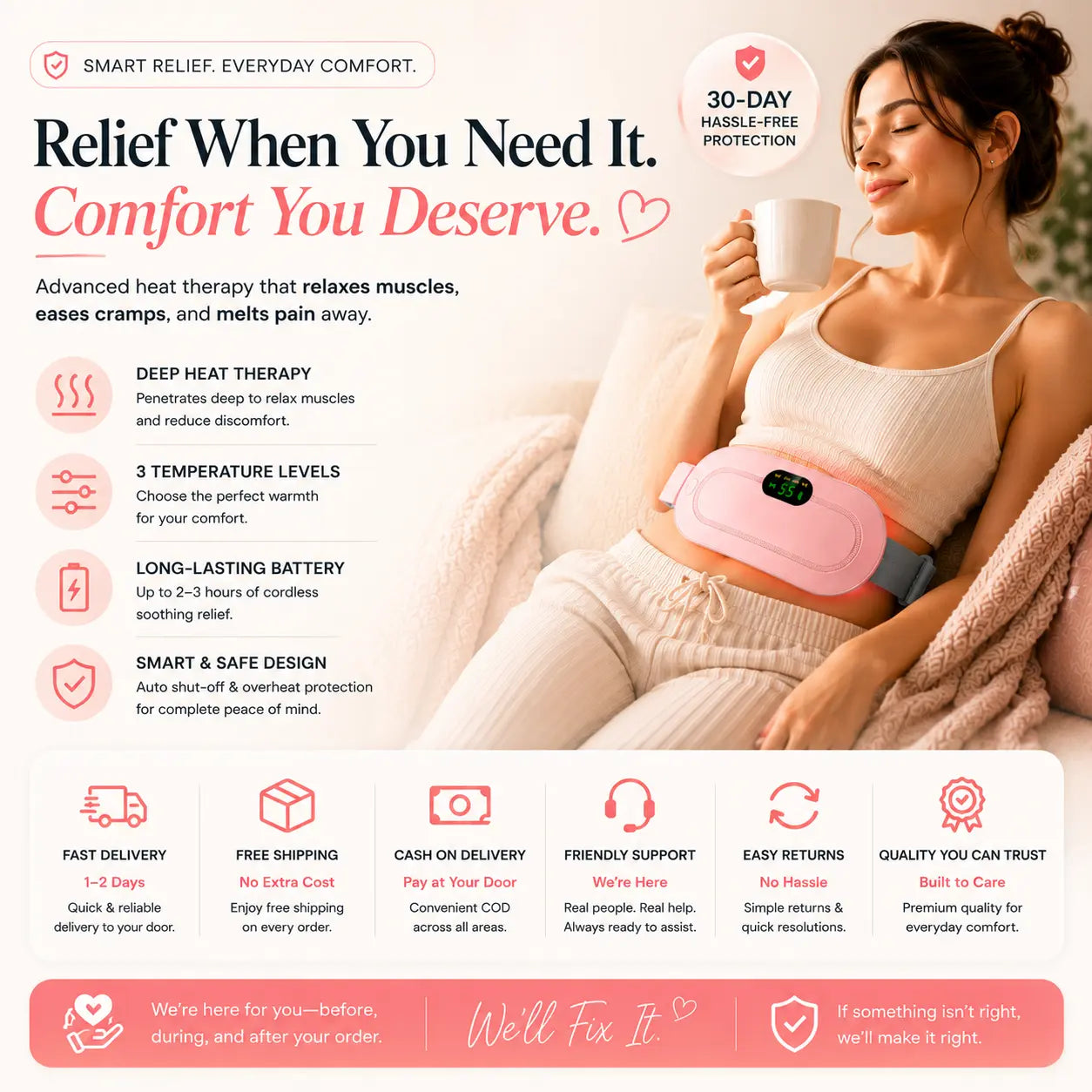 Portable menstrual heating pad belt for period cramps relief with heat therapy, massage vibration, rechargeable battery, and soothing abdominal pain comfort