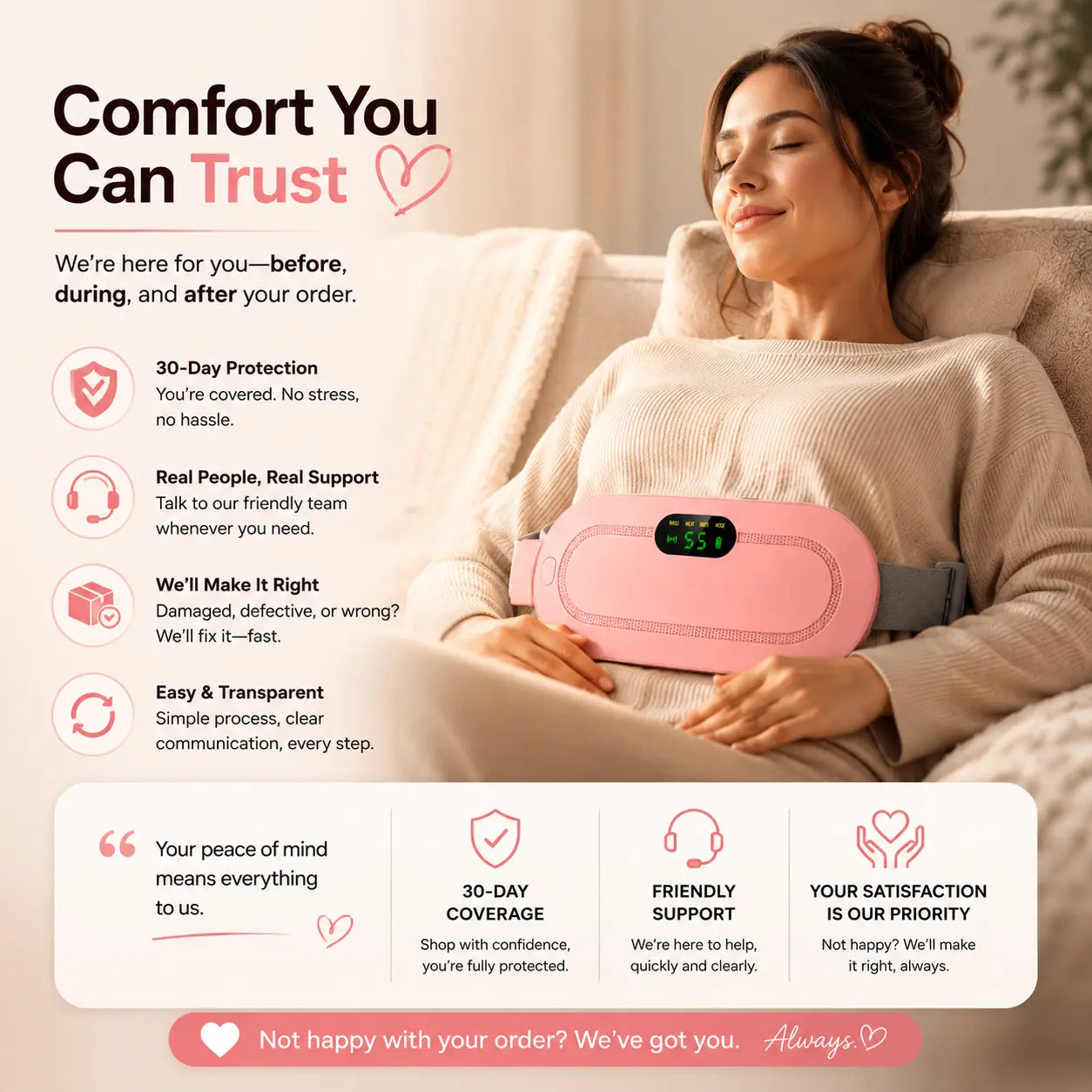 Premium period pain relief heating pad for women with 30-day protection, soothing heat therapy, massage comfort, and abdominal cramp relief
