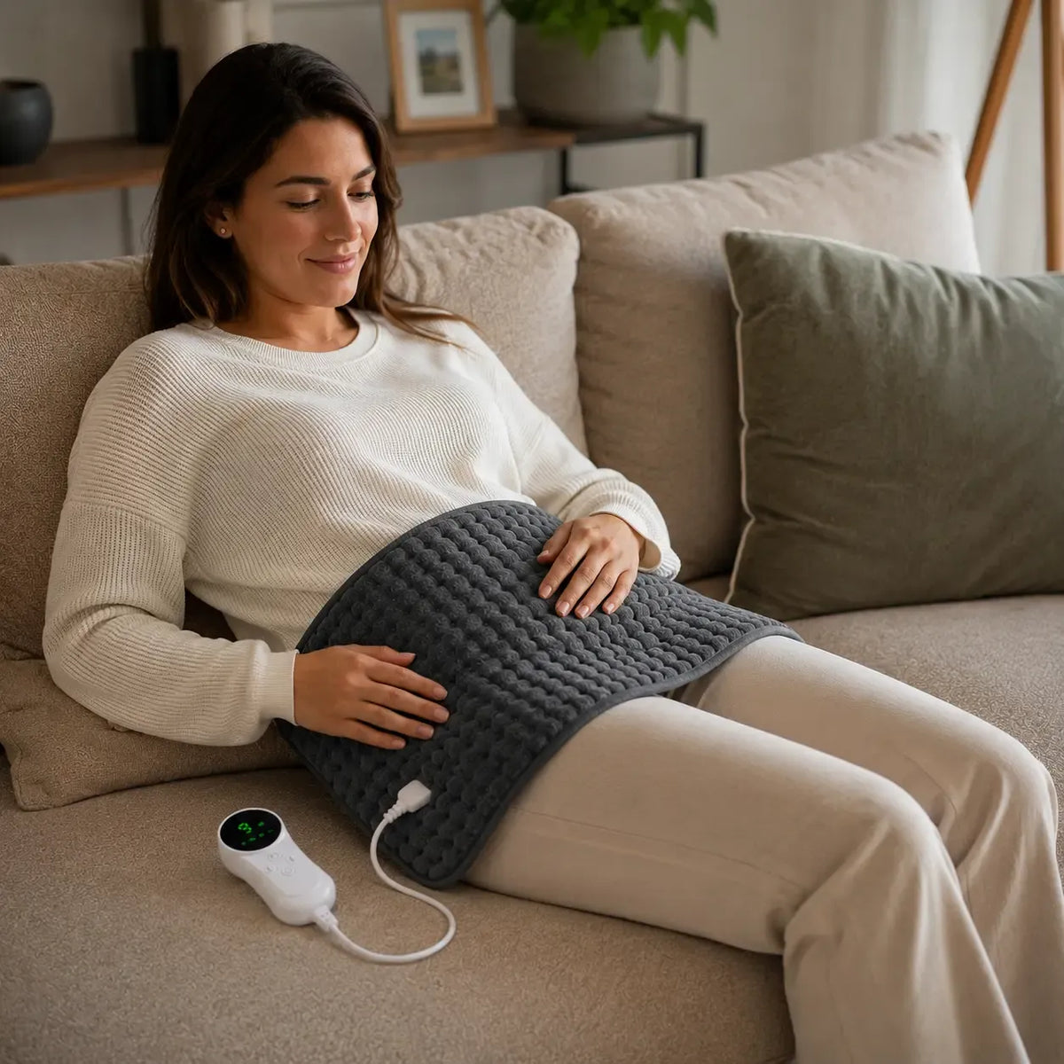 Woman sitting comfortably on a sofa placing a dark grey plush heating pad over her abdomen for relief.